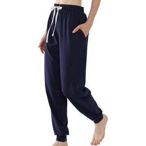 Womens Navy Blue Cotton Blend Jogger Pajama Pants Size L Drawstring Pockets